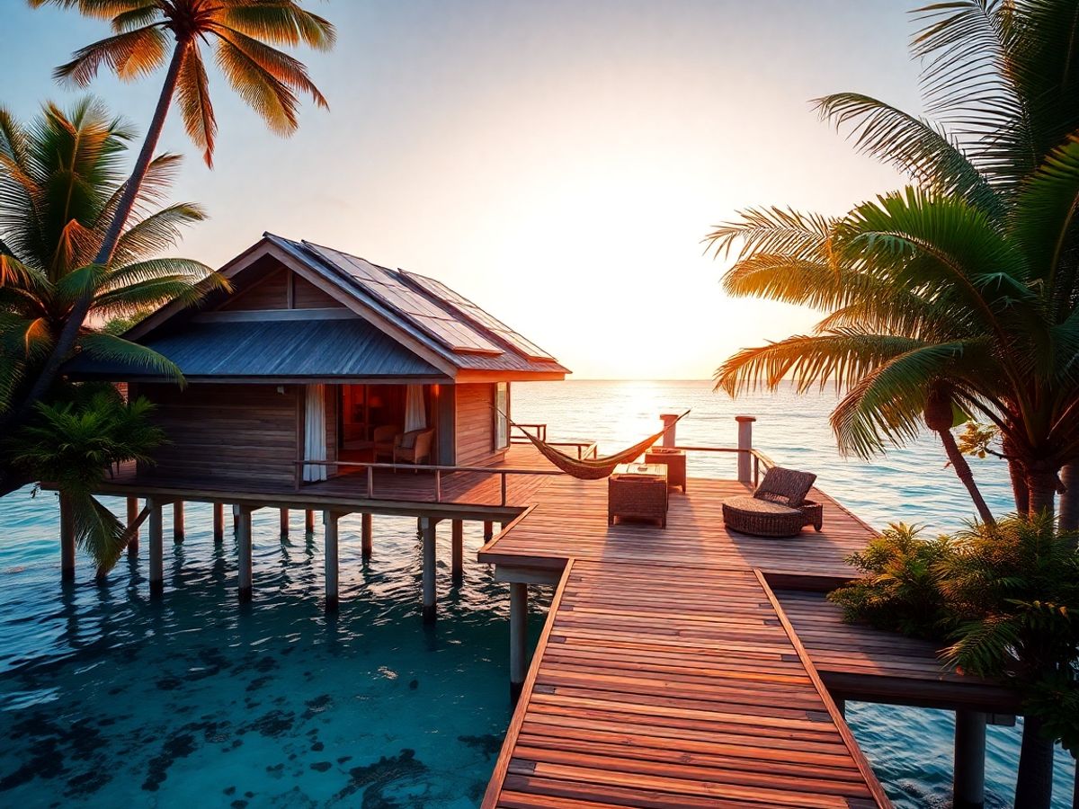 Eco-villa costera sobre agua turquesa con paneles solares y terraza