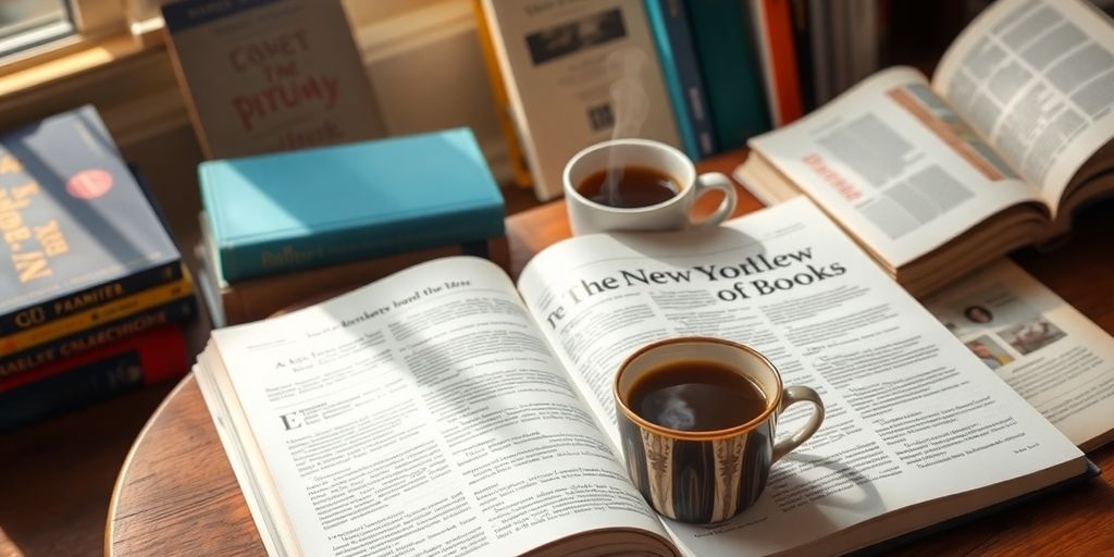 Colorful coffee table with New York Review of Books.