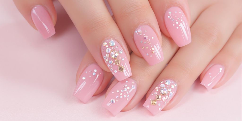 Unhas rosa decoradas com strass brilhante.