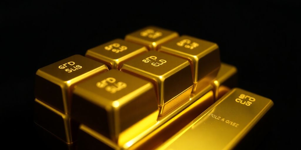 Lingots d'or brillants empilés sur un fond sombre.