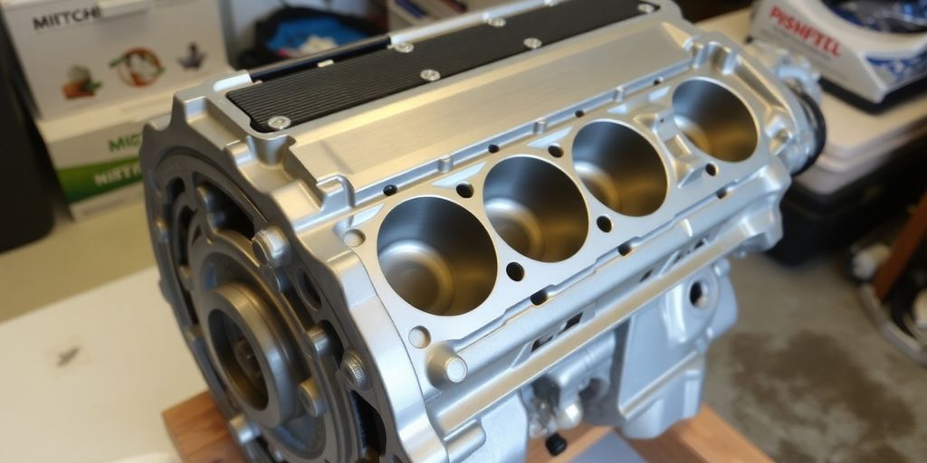 Close-up of a shiny, clean used Mitsubishi engine part.