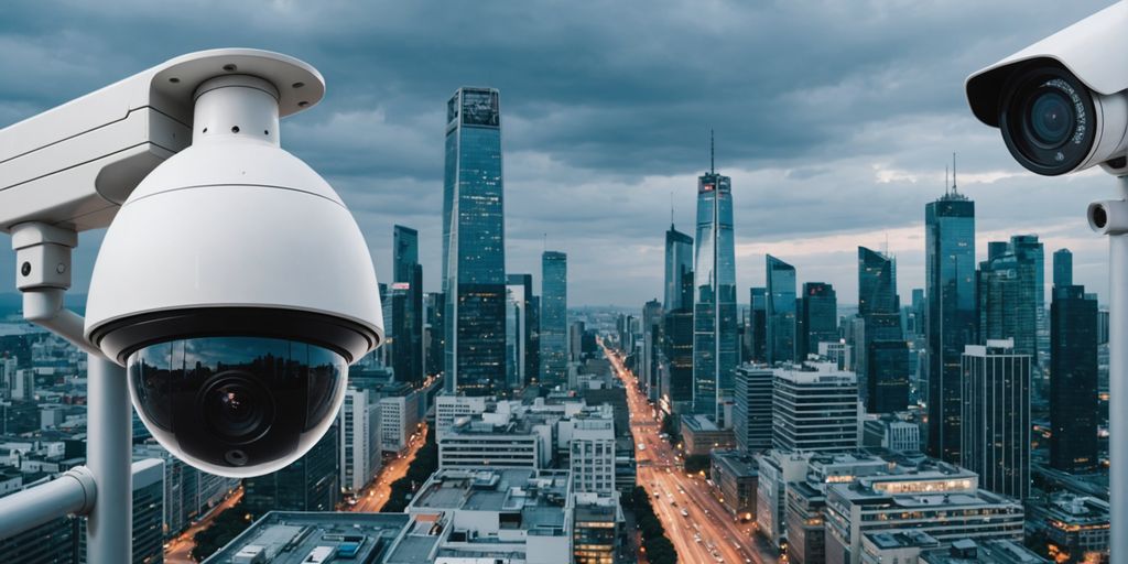 Analogue and IP CCTV cameras with a futuristic cityscape.