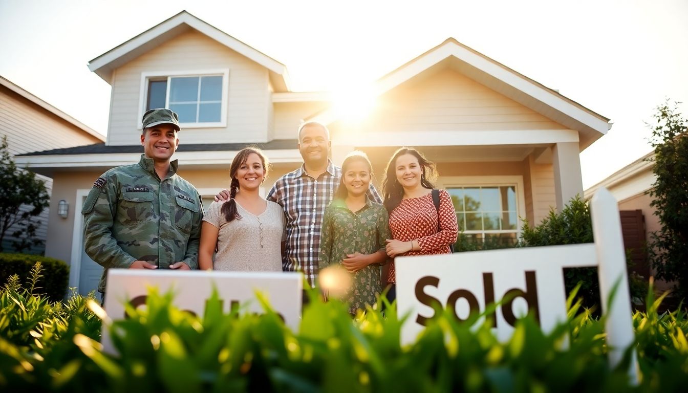 A family stands in front of their new home.