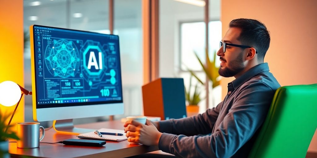 Person studying AI in a modern workspace with technology.