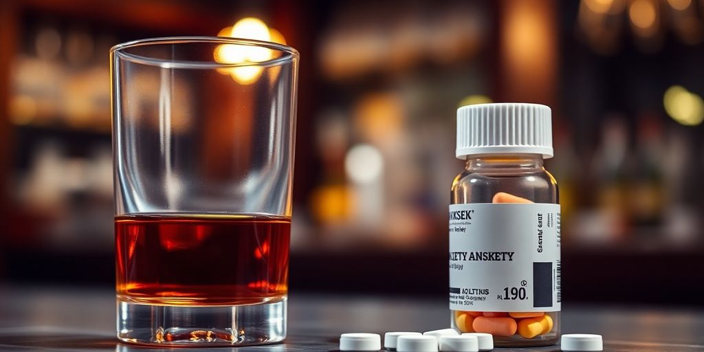 Whiskey and pills on a bar counter in low light.