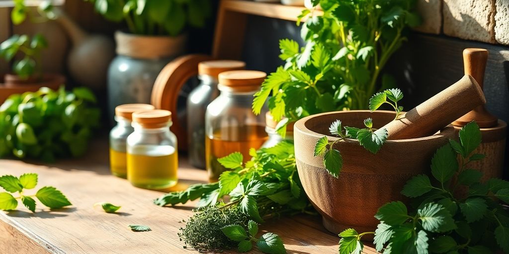 Fresh herbs and mortar in a cozy kitchen setting.