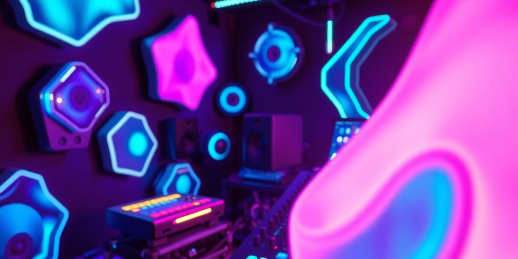 AI music software interface with glowing sound waves.