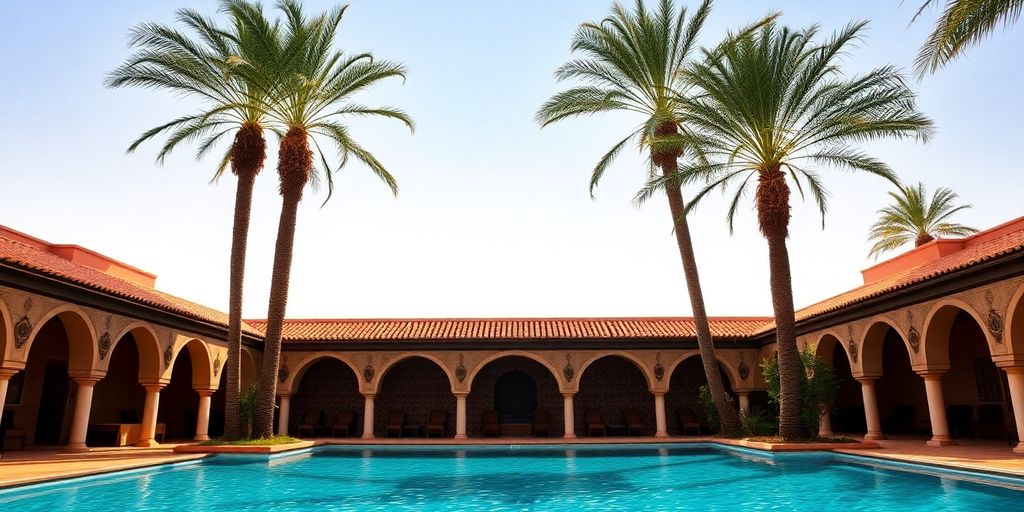 Piscine d'hôtel abordable à Marrakech avec palmiers et architecture marocaine.