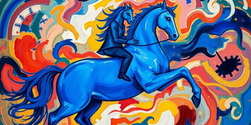 Abstract blue horse and rider in vibrant colors.