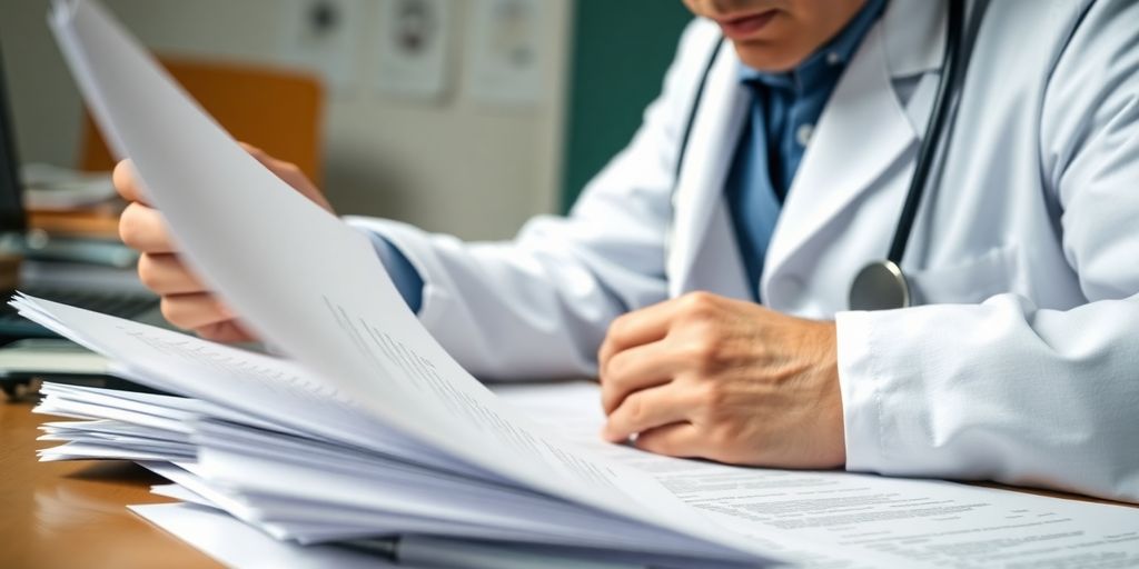 Doctor examining medical documents for accurate translation.