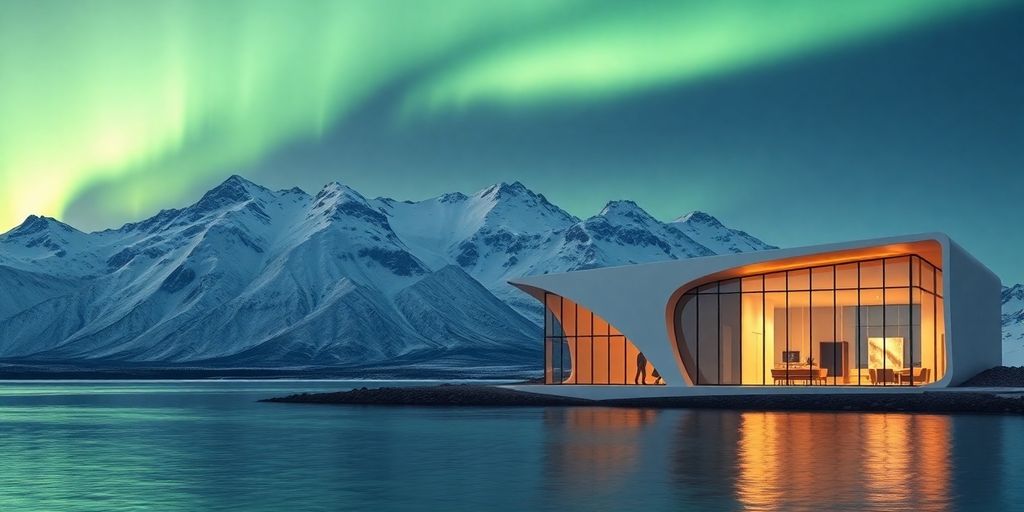 A modern cabin in the Alaskan wilderness under aurora borealis.