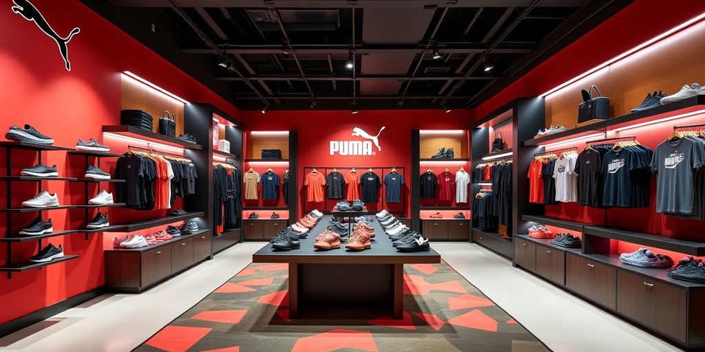 Innenansicht eines Puma Geschäfts mit Sportbekleidung.