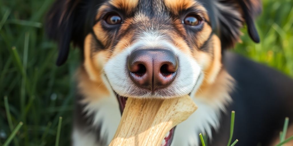Happy dog chewing a natural bone outdoors.