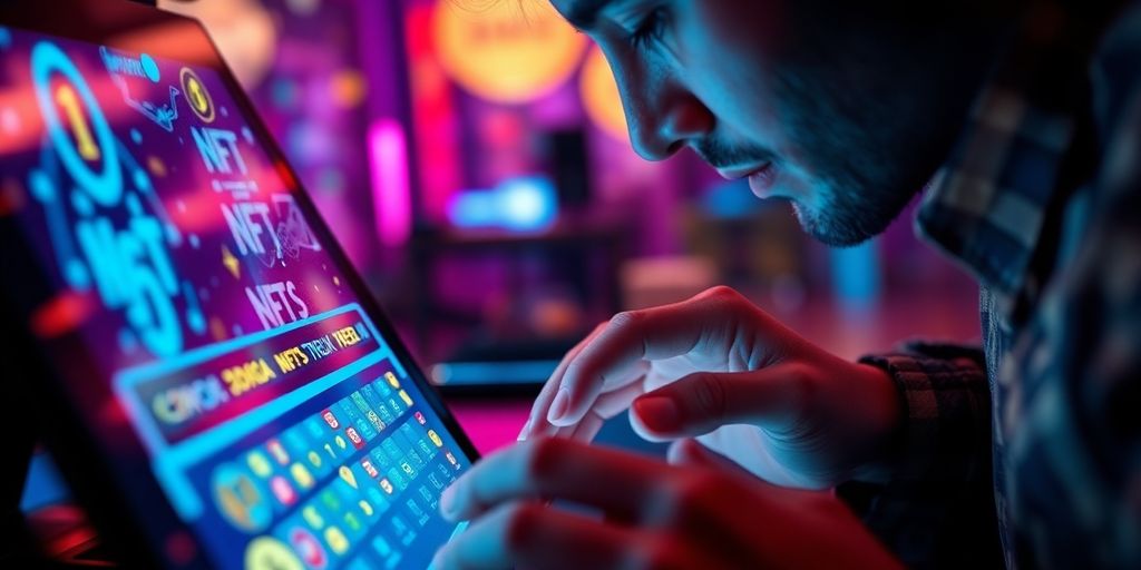 A person gambling with NFTs on a digital device.