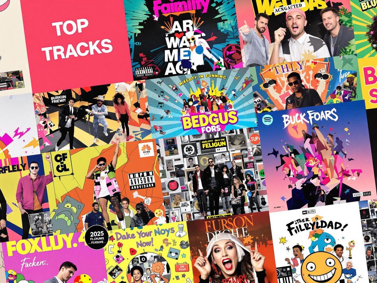 Colorful collage of 2025 Spotify album covers and artists.