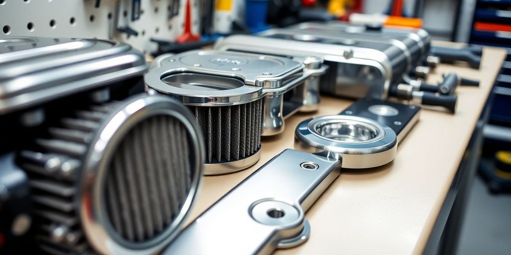 Mini Cooper engine parts on a clean workbench
