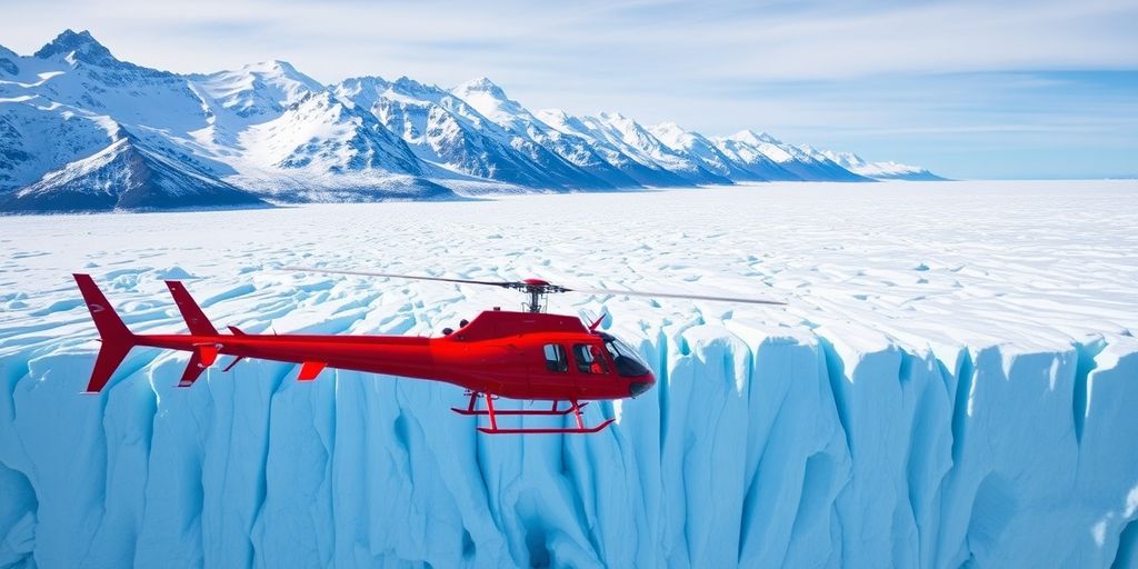 A helicopter flying over a vast Alaskan glacier and mountains.