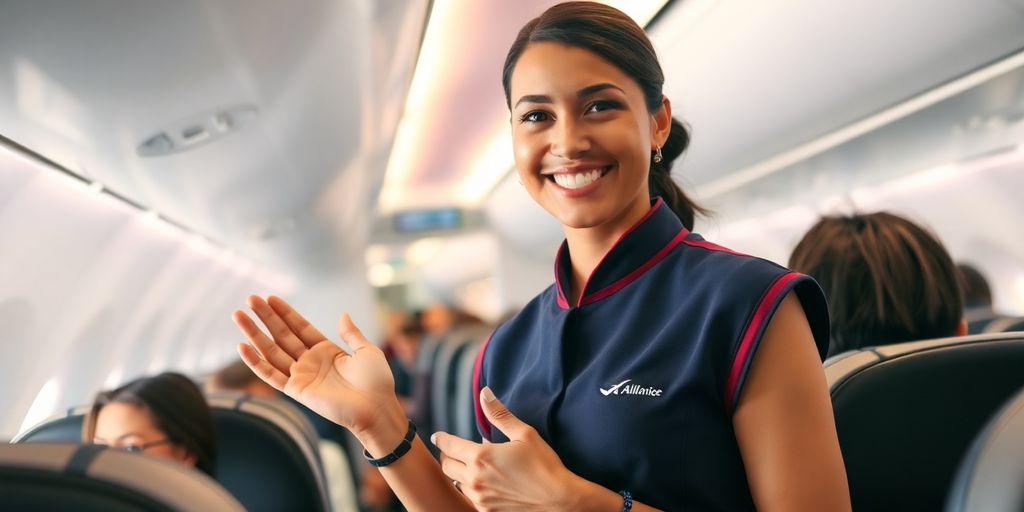 Airline steward assisting passengers inside a modern airplane cabin.