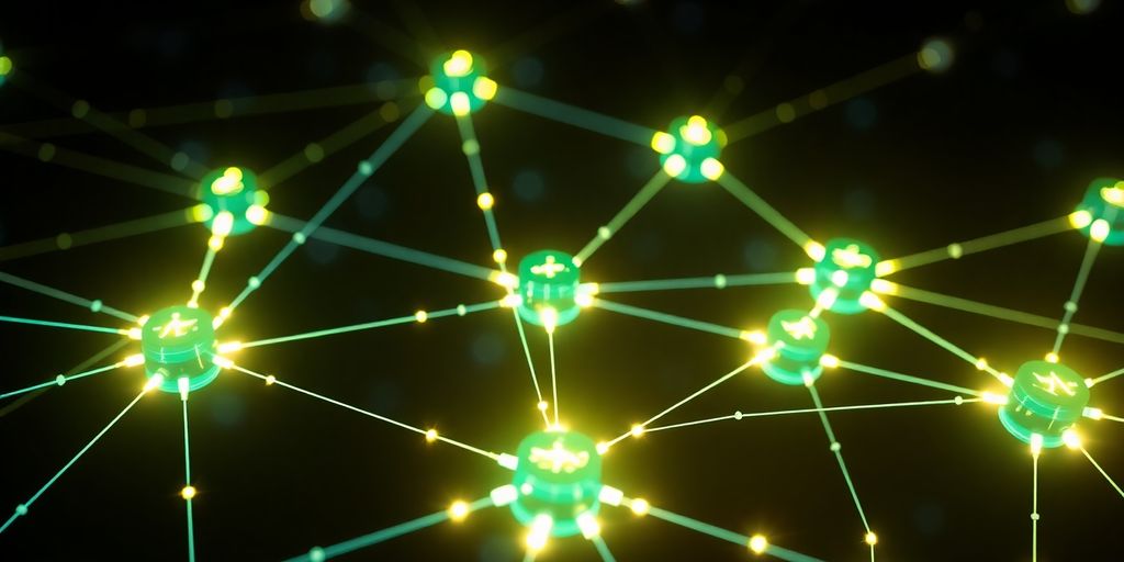 Blockchain network nodes connected visually.