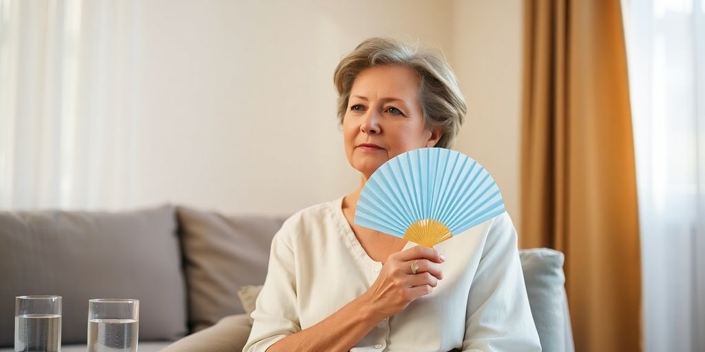 Middle-aged woman fans in sunlit room with glass of water.