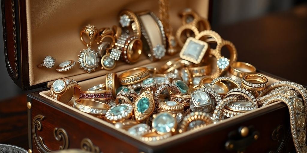 Boîte à bijoux vintage avec bijoux variés.