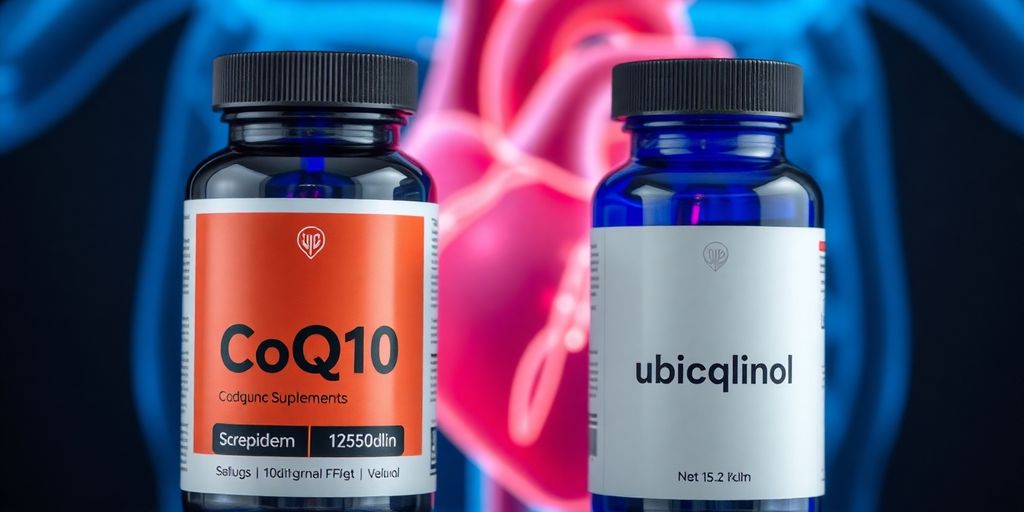 CoQ10 and ubiquinol capsules with a healthy heart graphic.
