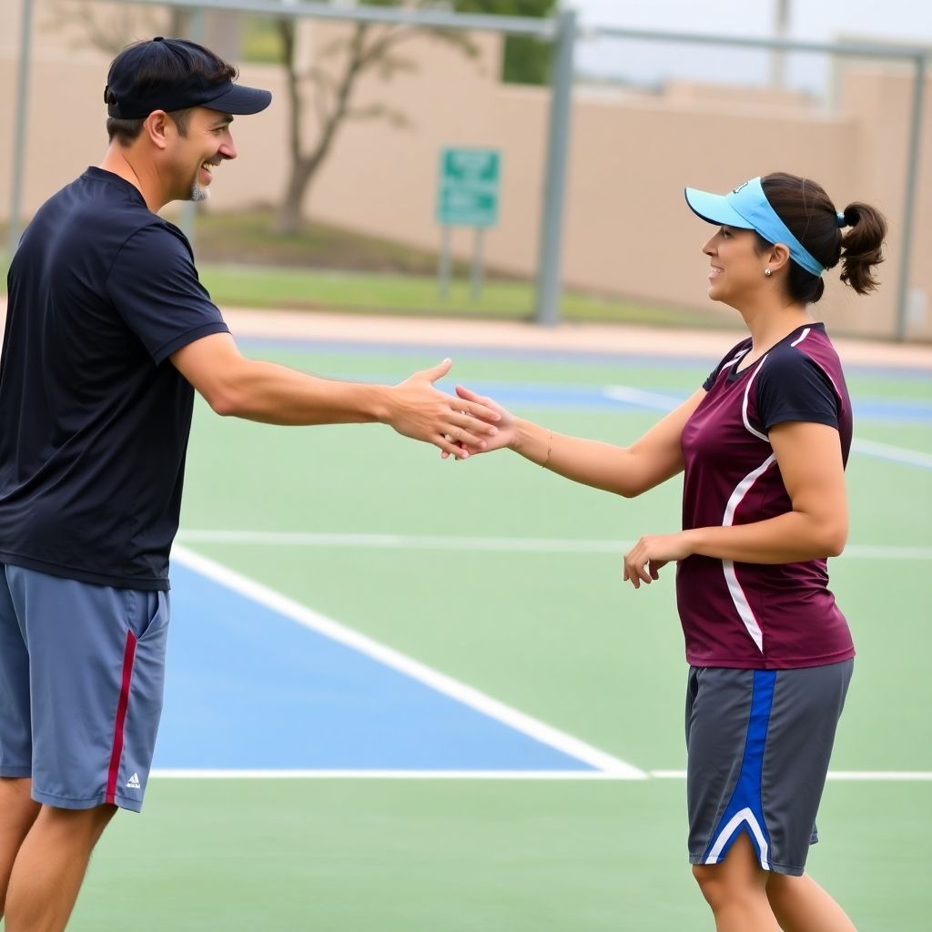 Two pickleball players shaking hands after a game.