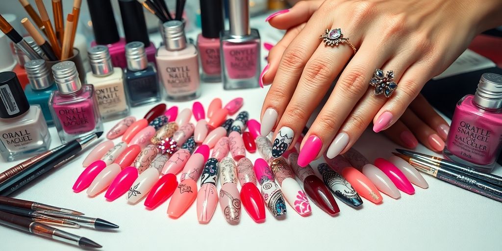 Designs de unhas coloridas e ferramentas de manicure.