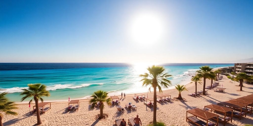 Sandy beach with turquoise waters and palm trees.