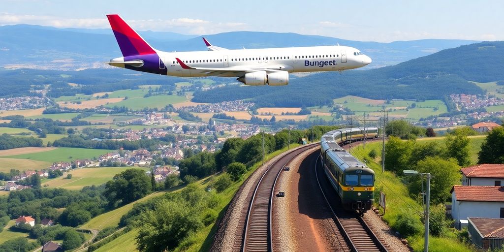 Airplane flying above train tracks on a sunny day.