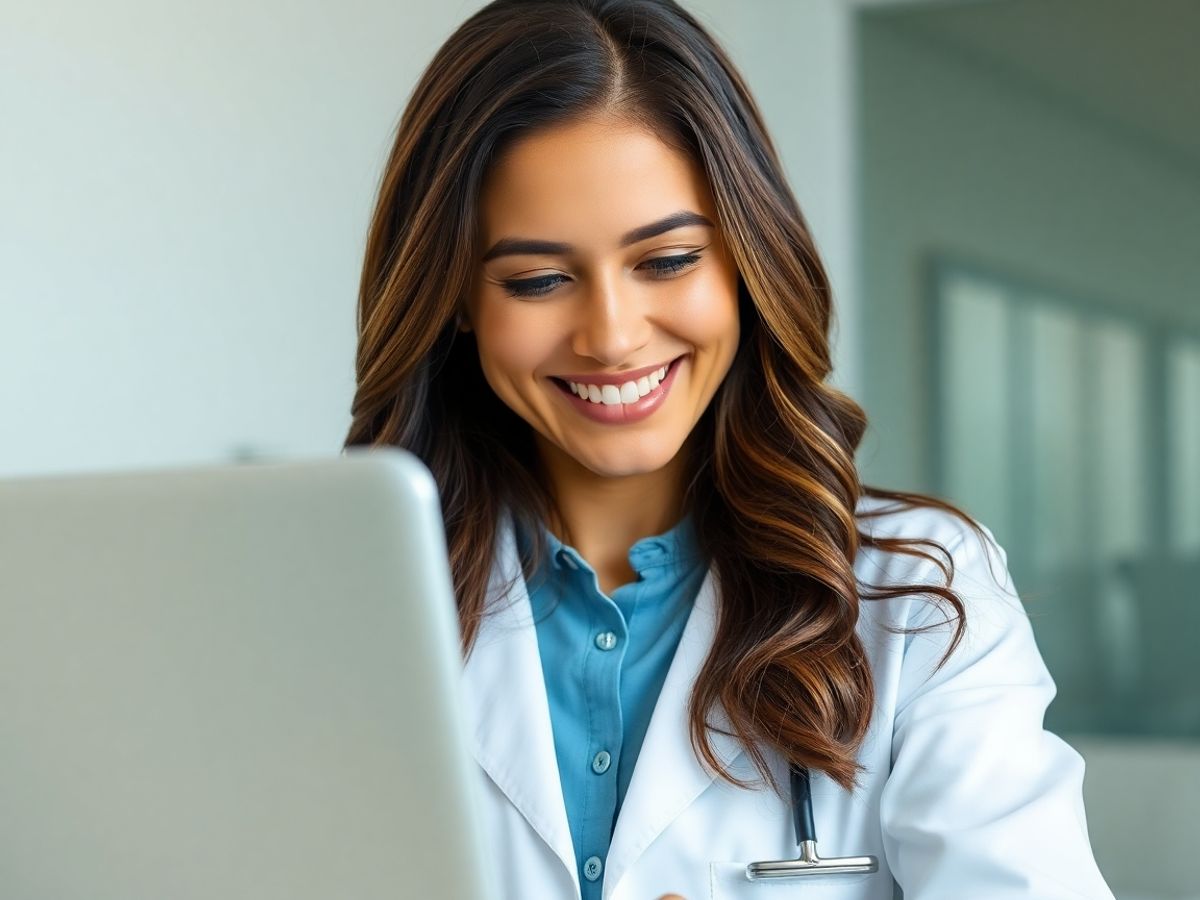 Doctor zâmbitor la laptop, ajutând o pacientă.