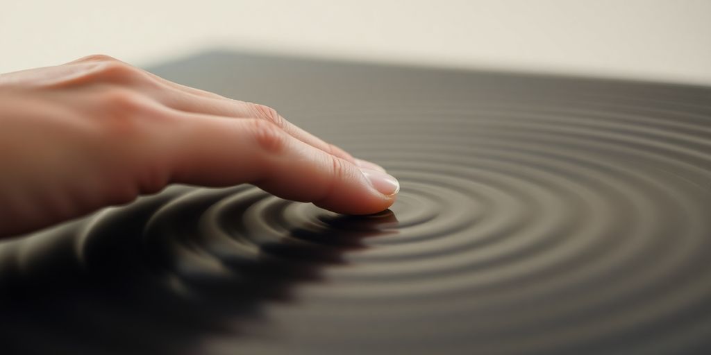 Hand touching a vibrating surface with visible ripples.