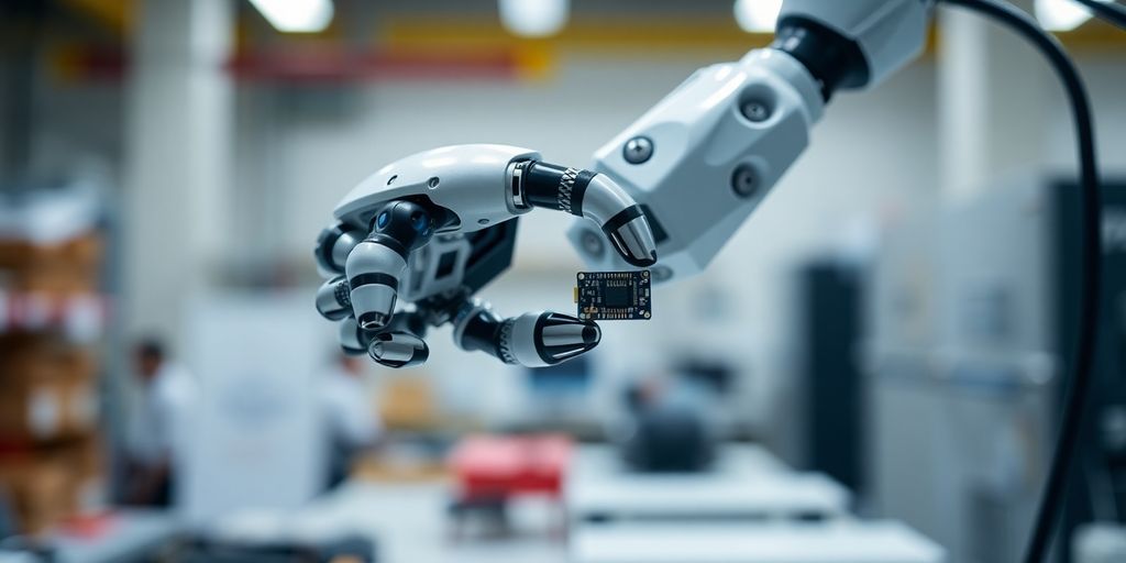 Small robot arm carefully handling a tiny circuit board.