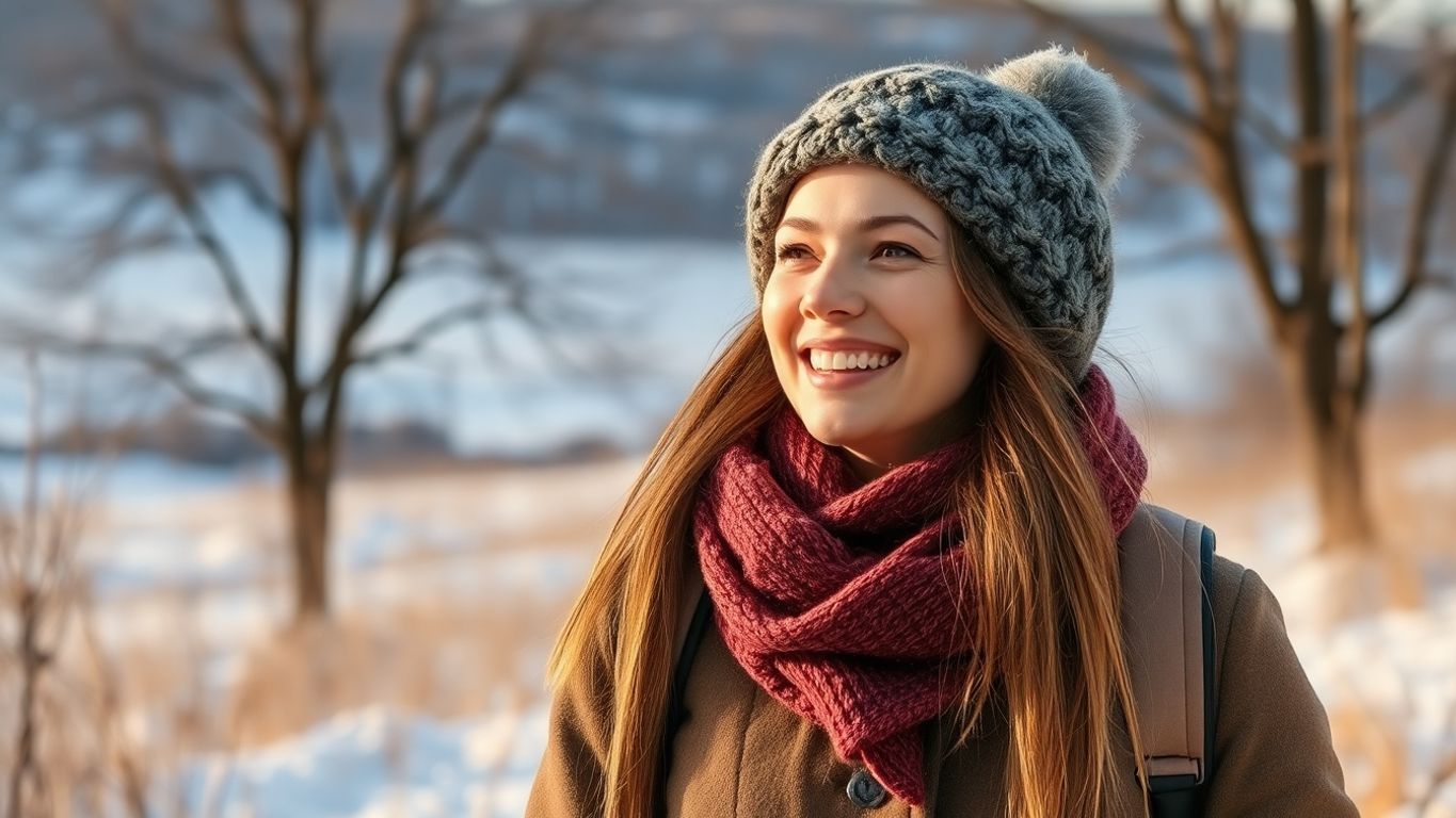 Európai nő téli öltözetben a szabadban.