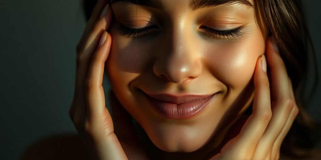 Person's face in soft light, eyes closed, hands on cheek.