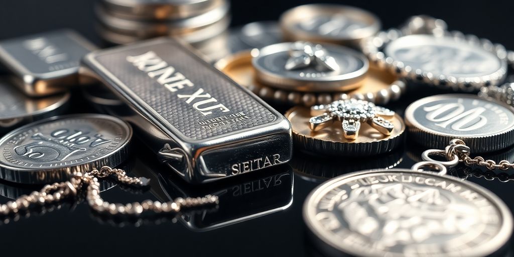 Lingots d'argent, pièces, bijoux brillants, fond sombre.