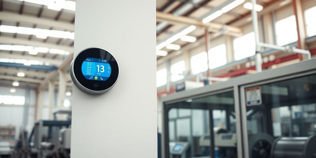 Smart thermostat in an industrial setting with equipment.