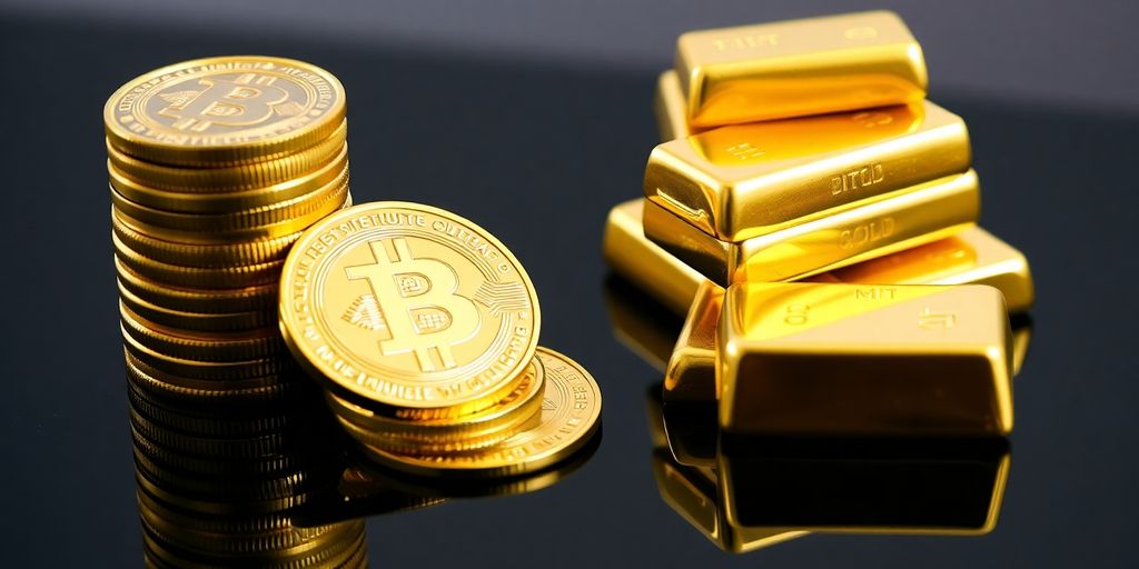 Pièces numériques et lingots d'or empilés sur une table.