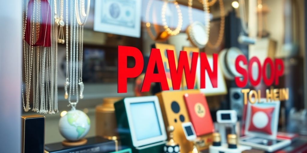 Vitrine d'une boutique de prêt sur gage avec objets.