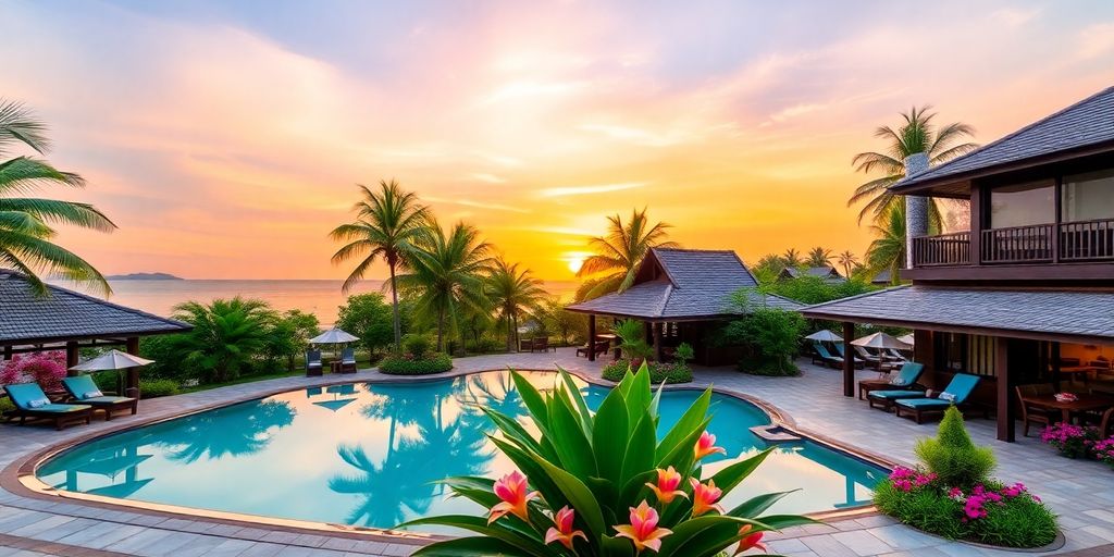 Boutique resort in Thailand with pool and palm trees.