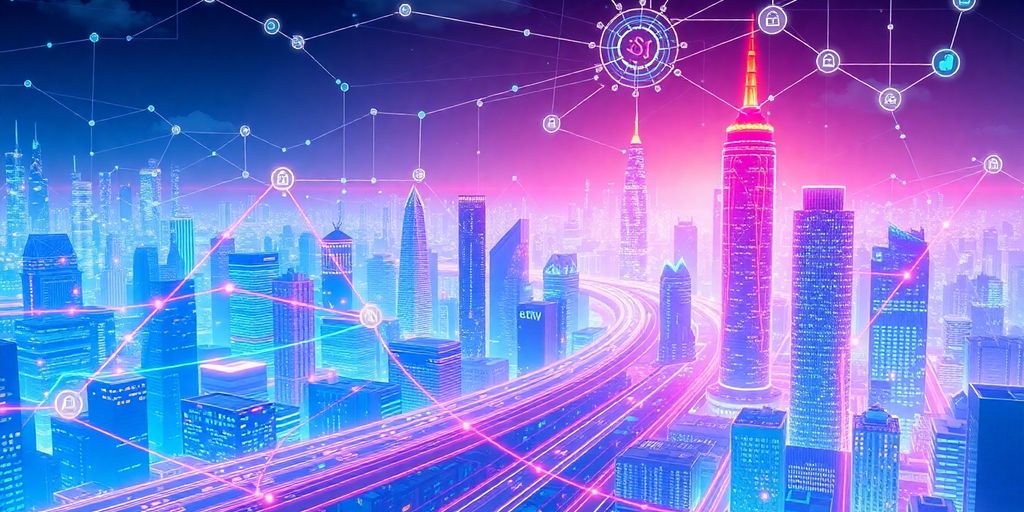 Futuristic cityscape with ai and blockchain technology integration.