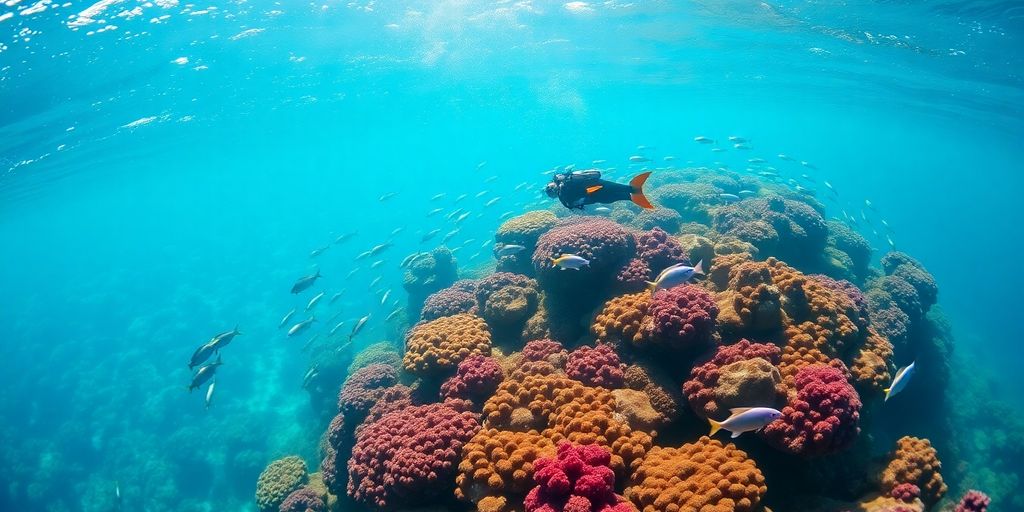 Divers swimming near coral reef in clear blue water.