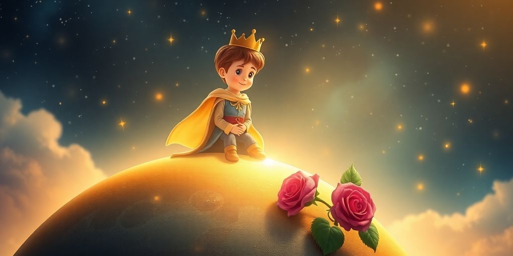 Young prince on a tiny planet with a rose.