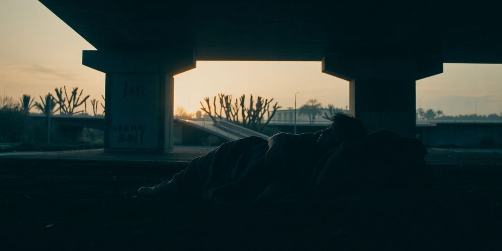 Man sleeping rough under a bridge at dawn.