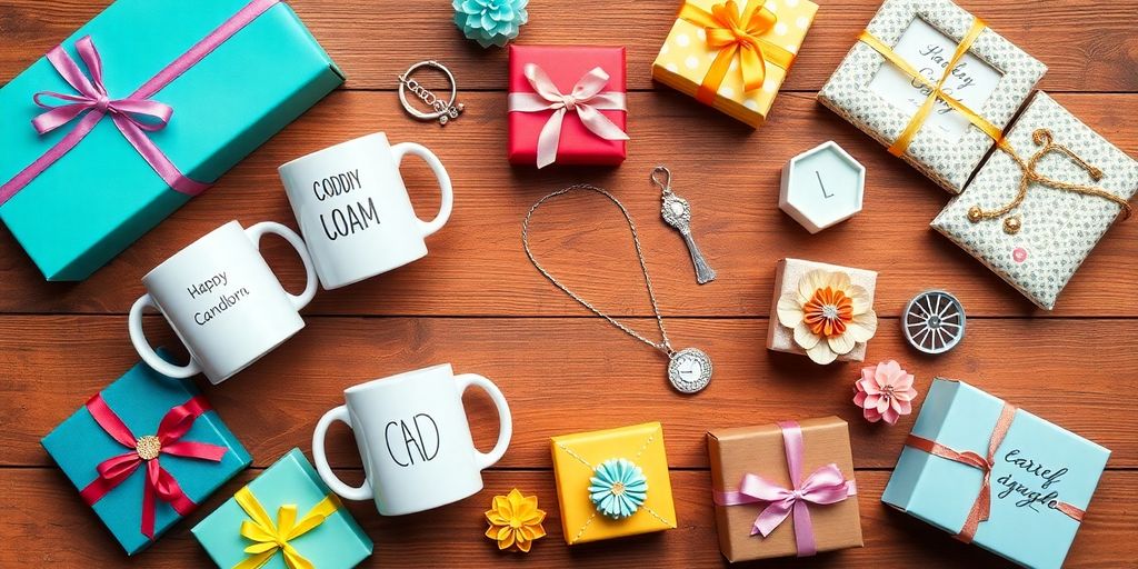 Flat lay of personalized gifts on wooden surface.