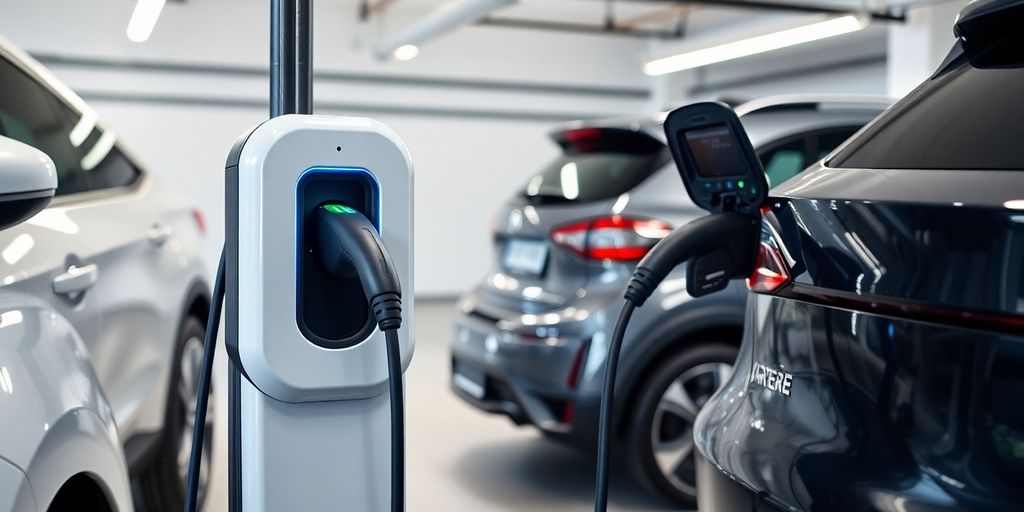 Home EV charging station with electric vehicle in garage.