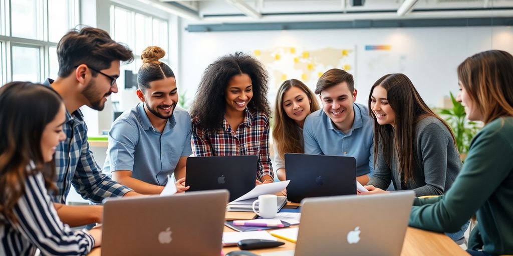 Diverse interns collaborating in a bright office space.