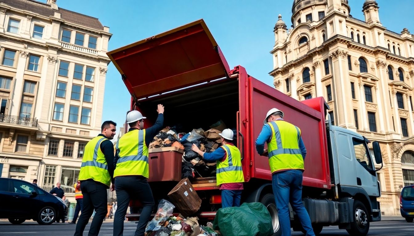 Waste clearance team in London loading waste into truck.