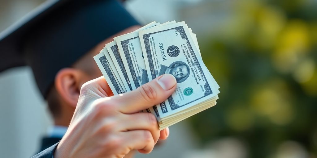 A graduate holding a stack of cash.