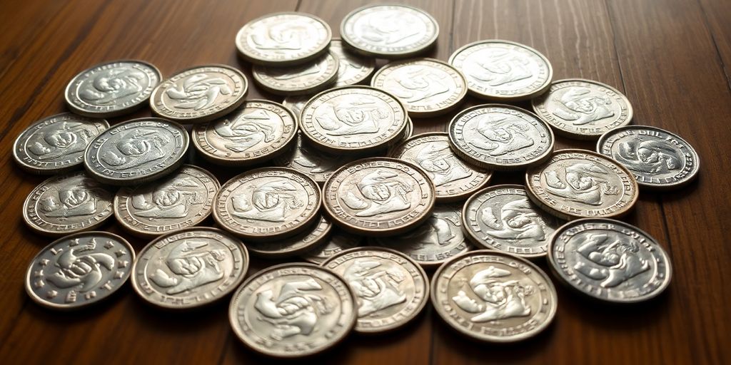 A collection of silver dollars on a wooden table.